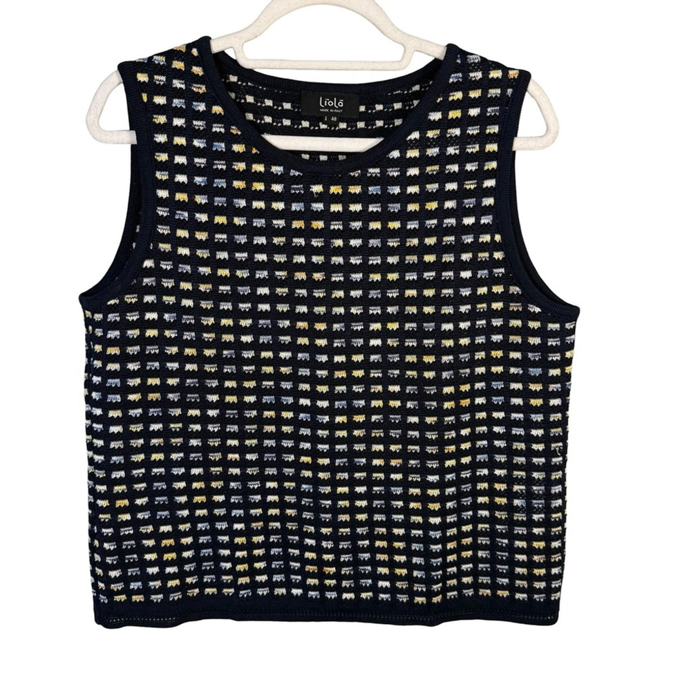 Liola Black and Yellow Patterned Sweater Vest Size 48 Made in Italy Minimalist